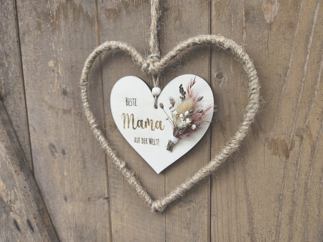 Holzschild mit Jute-Hoop "Beste Mama 1" mit individueller Gravur