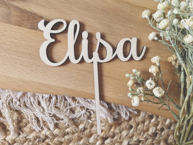 Preview: Cake Topper Schriftzug "beliebiger Text, Schriftart 1" Lasercut aus Holz