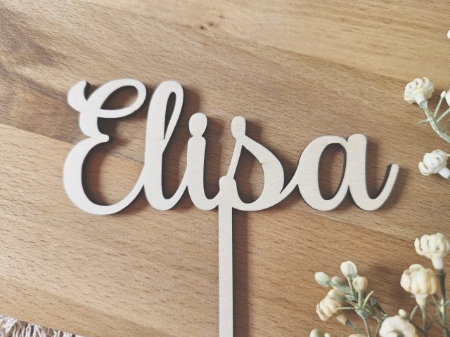 Preview: Cake Topper Schriftzug "beliebiger Text, Schriftart 1" Lasercut aus Holz