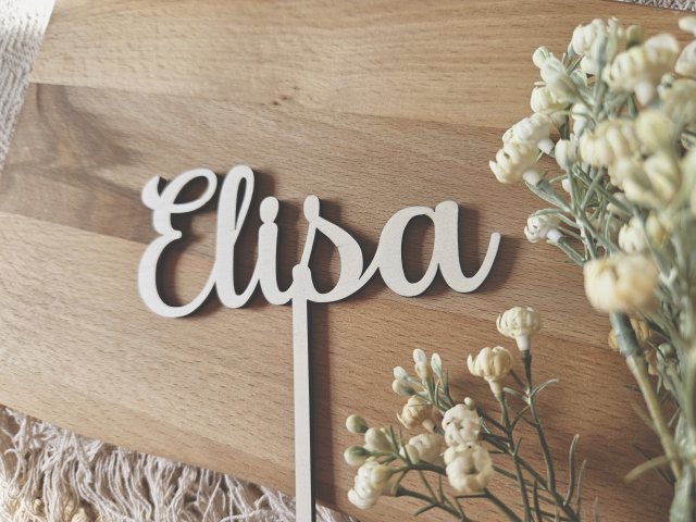 Preview: Cake Topper Schriftzug "beliebiger Text, Schriftart 1" Lasercut aus Holz