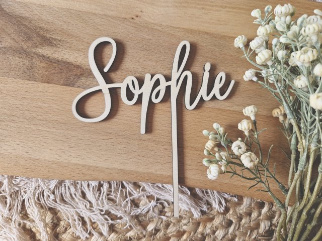 Preview: Cake Topper Schriftzug "beliebiger Text, Schriftart 3" Lasercut aus Holz