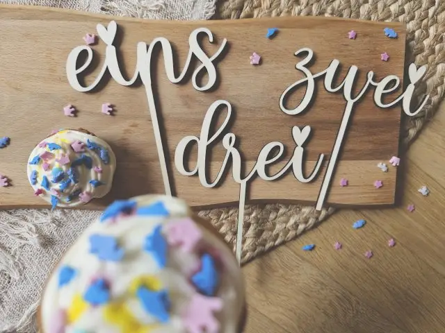 Cake Topper Schriftzug "Geburtstag 1 Eins" Lasercut aus Holz