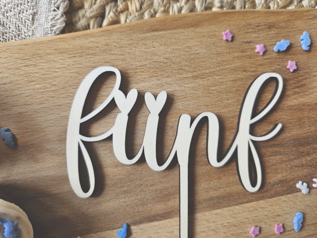 Preview: Cake Topper Schriftzug "Geburtstag 5 Fünf" Lasercut aus Holz