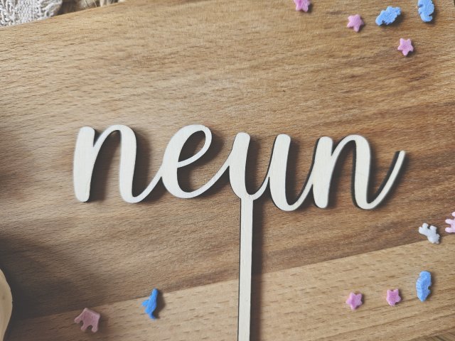 Preview: Cake Topper Schriftzug "Geburtstag 9 Neun" Lasercut aus Holz