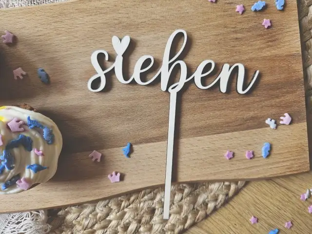 Cake Topper Schriftzug "Geburtstag 7 Sieben" Lasercut aus Holz