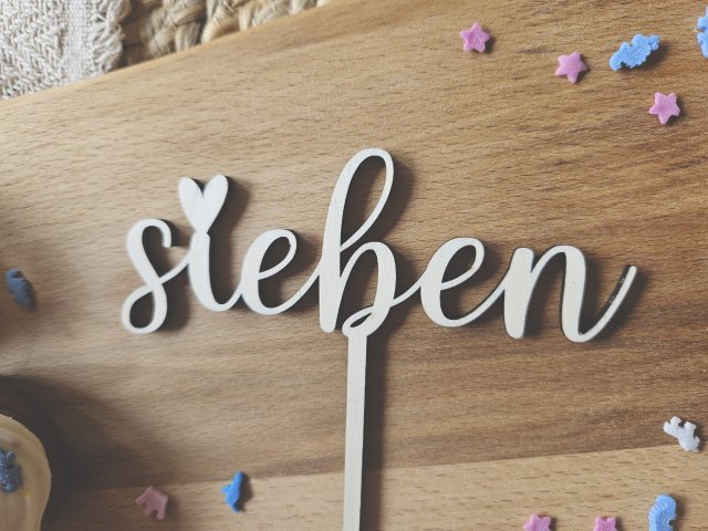 Preview: Cake Topper Schriftzug "Geburtstag 7 Sieben" Lasercut aus Holz