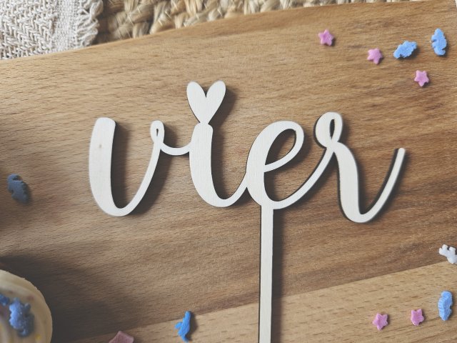 Preview: Cake Topper Schriftzug "Geburtstag 4 Vier" Lasercut aus Holz