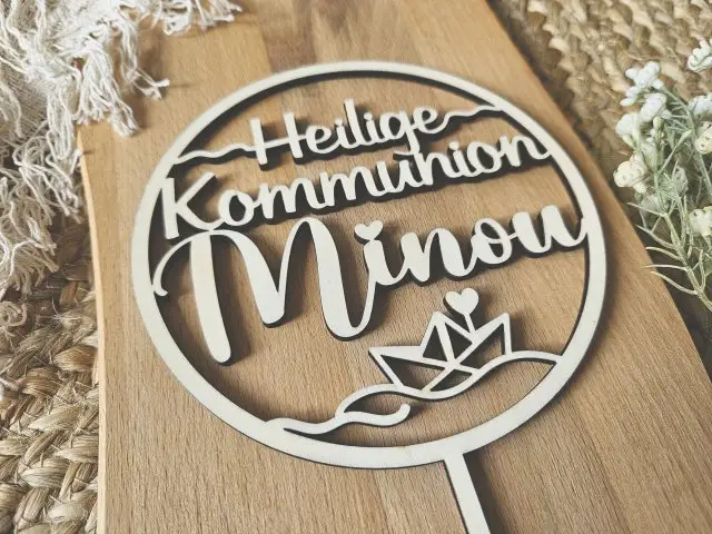 Cake Topper Schriftzug "Kommunion 4" Lasercut aus Holz