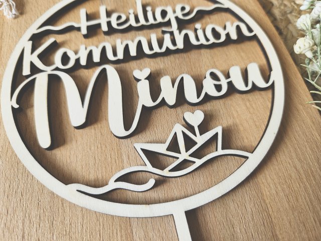 Preview: Cake Topper Schriftzug "Kommunion 4" Lasercut aus Holz