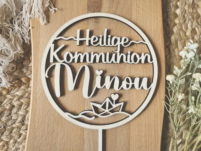 Cake Topper Schriftzug "Kommunion 4" Lasercut aus Holz