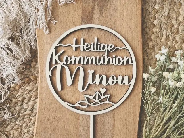Cake Topper Schriftzug "Kommunion 4" Lasercut aus Holz
