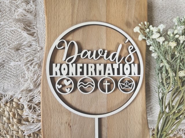 Preview: Cake Topper Schriftzug "Konfirmation 5" Lasercut aus Holz