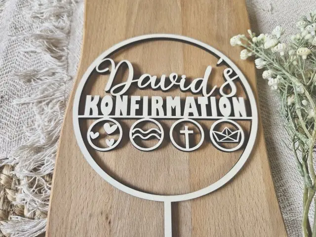 Cake Topper Schriftzug "Konfirmation 5" Lasercut aus Holz