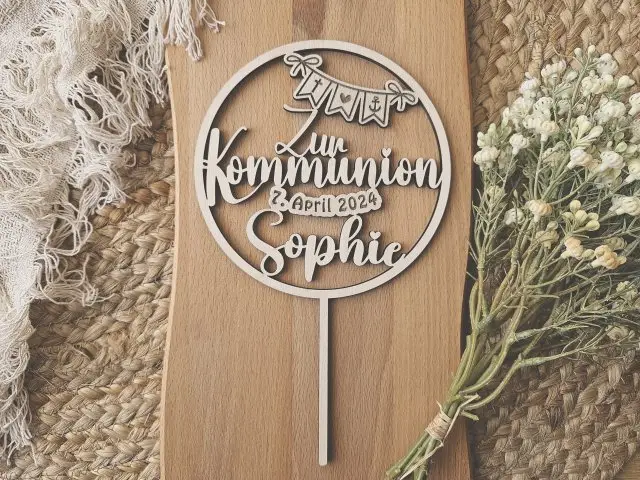 Cake Topper Schriftzug "Kommunion 2" Lasercut aus Holz