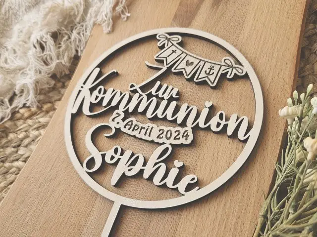 Cake Topper Schriftzug "Kommunion 2" Lasercut aus Holz