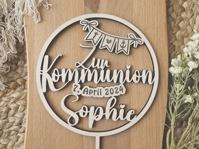 Cake Topper Schriftzug "Kommunion 2" Lasercut aus Holz