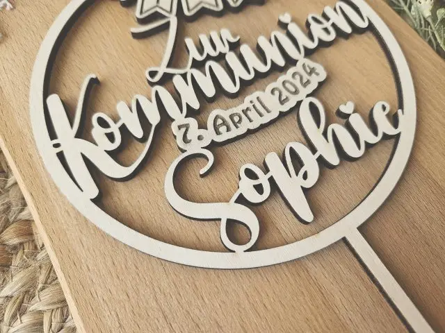 Cake Topper Schriftzug "Kommunion 2" Lasercut aus Holz