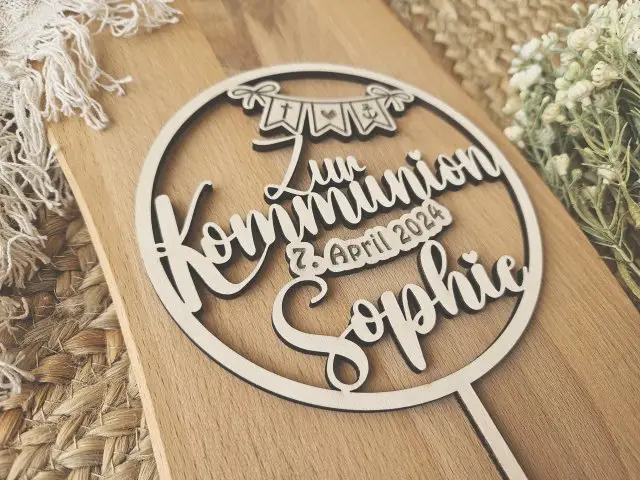 Cake Topper Schriftzug "Kommunion 2" Lasercut aus Holz