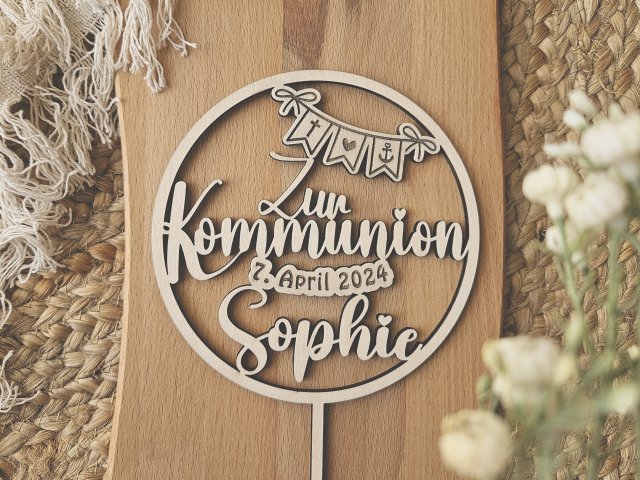 Preview: Cake Topper Schriftzug "Kommunion 2" Lasercut aus Holz