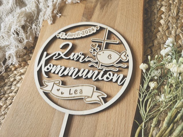 Preview: Cake Topper Schriftzug "Kommunion 3" Lasercut aus Holz