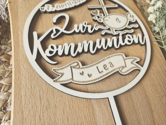 Preview: Cake Topper Schriftzug "Kommunion 3" Lasercut aus Holz