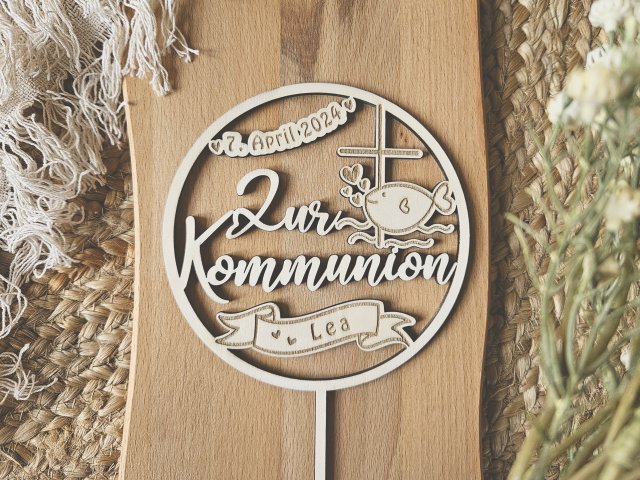 Preview: Cake Topper Schriftzug "Kommunion 3" Lasercut aus Holz