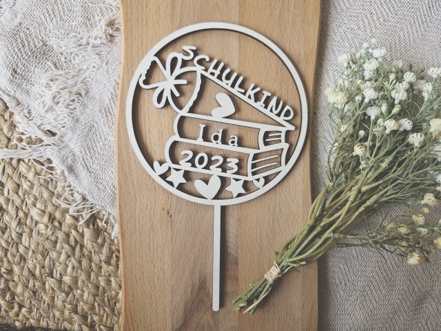 Preview: Cake Topper Schriftzug "Einschulung / Schulkind 6" Lasercut mit Gravur