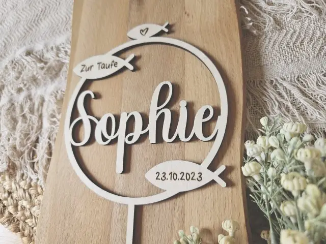 Cake Topper Schriftzug "Taufe 4" Lasercut aus Holz