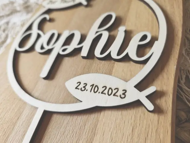 Cake Topper Schriftzug "Taufe 4" Lasercut aus Holz