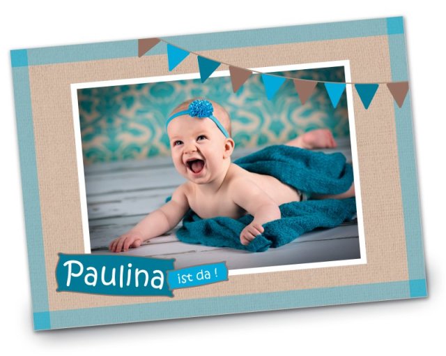 Geburtskarte Babykarte DIN A6  A5 quer Paulina tuerkis