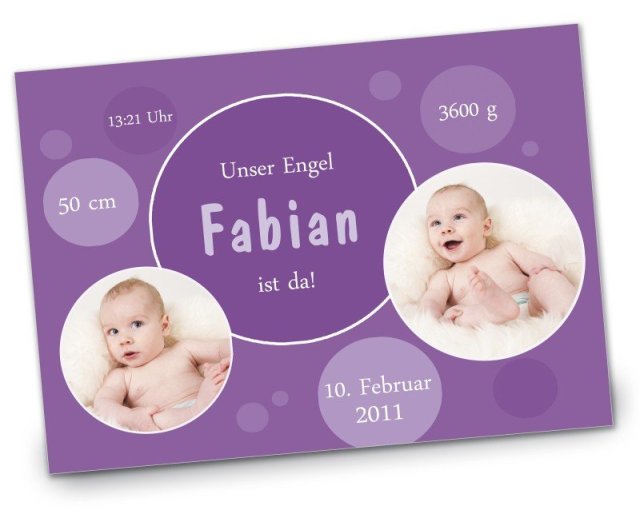 Geburtskarte Babykarte DIN A6 A5 quer Fabian lila