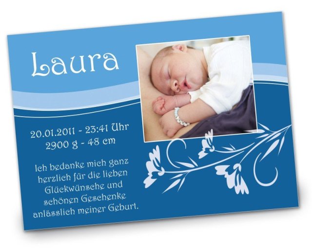 Preview: Geburtskarte Babykarte DIN A6 A5 quer Laura blau