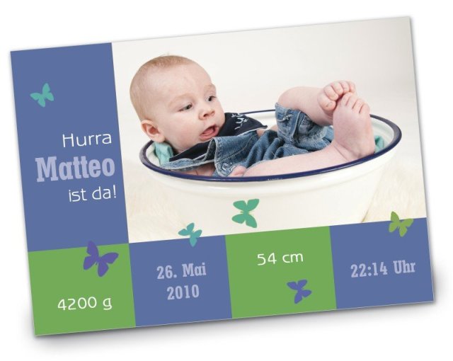 Geburtskarte Babykarte DIN A6 A5 quer Matteo blau
