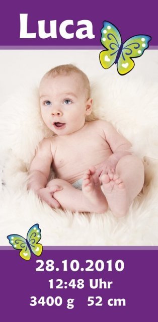 Geburtskarte Babykarte DIN Lang hoch Luca lila