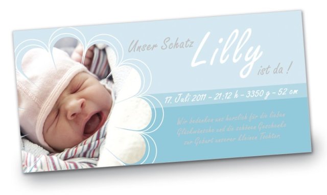 Geburtskarte Babykarte DIN Lang quer Lilly blau