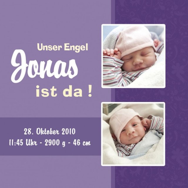 Preview: Geburtskarte Babykarte quadratisch 125 mm 210 Jonas lila