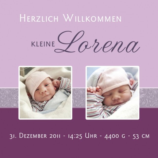 Geburtskarte Babykarte quadratisch 125 mm 210 Lorena lila