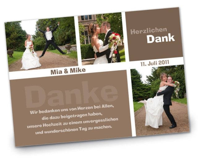 Preview: Hochzeit Danksagungskarte DIN A6 A5 hoch Mia Mike braun