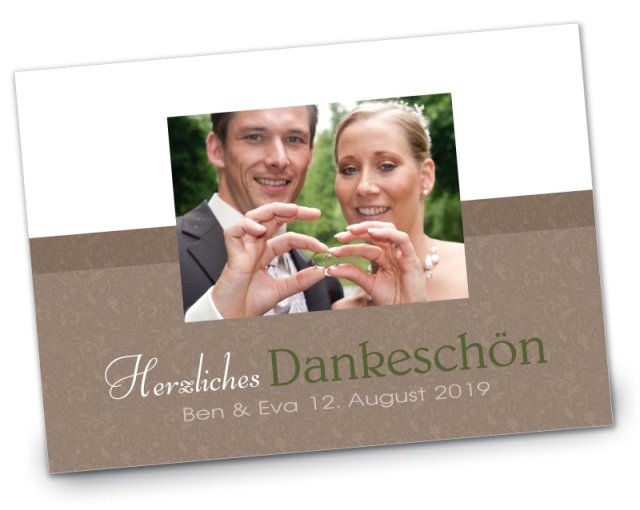 Preview: Hochzeit Danksagungskarte DIN A6 A5 quer Eva Ben braun