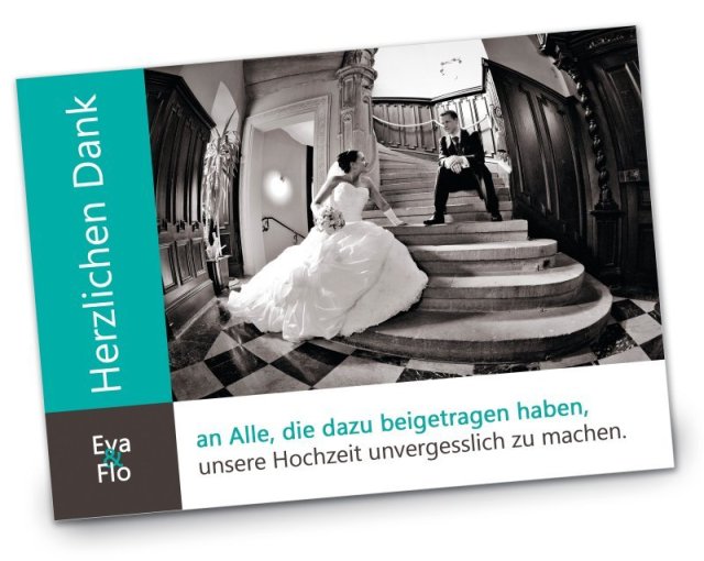 Hochzeit Danksagungskarte DIN A6 A5 quer Eva und Flo tuerkis