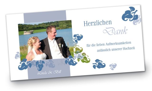 Hochzeit Danksagungskarte DIN Lang quer Linda Bill blau