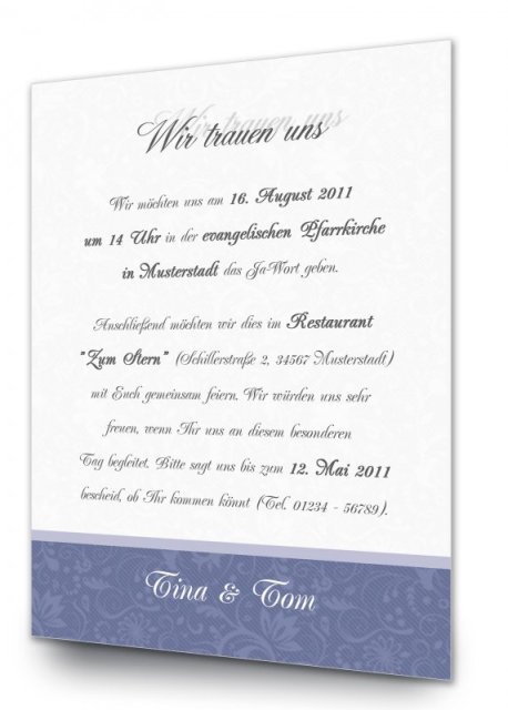 Hochzeit Einladungskarte DIN A6 A5 hoch Tina Tom blau