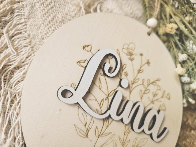 Preview: Holzschild "Geburt 5" mit individueller Gravur und 3D Schriftzug