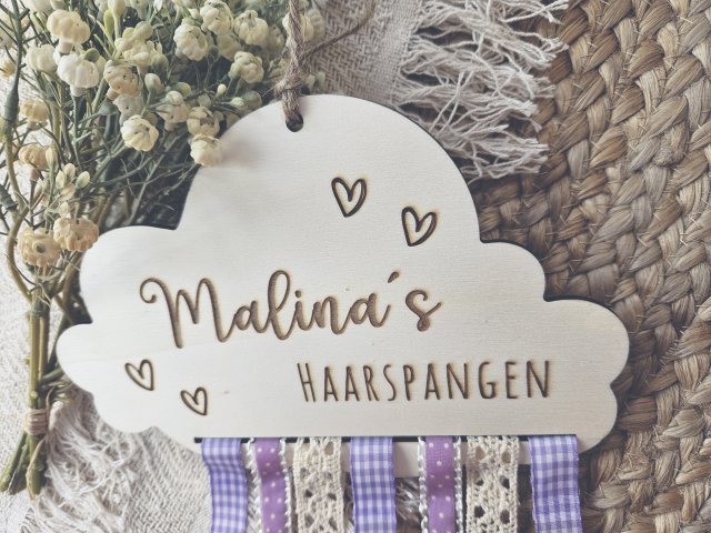 Preview: Holzschild "Haarspangenwolke 1" mit individueller Gravur aus Holz