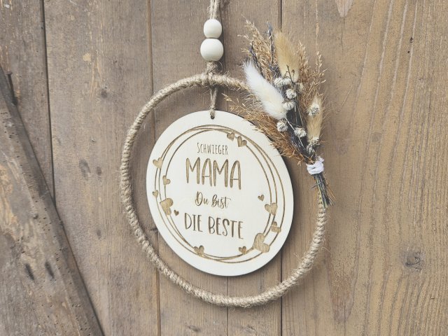 Preview: Holzschild mit Jute-Hoop "Muttertag 2" mit individueller Gravur
