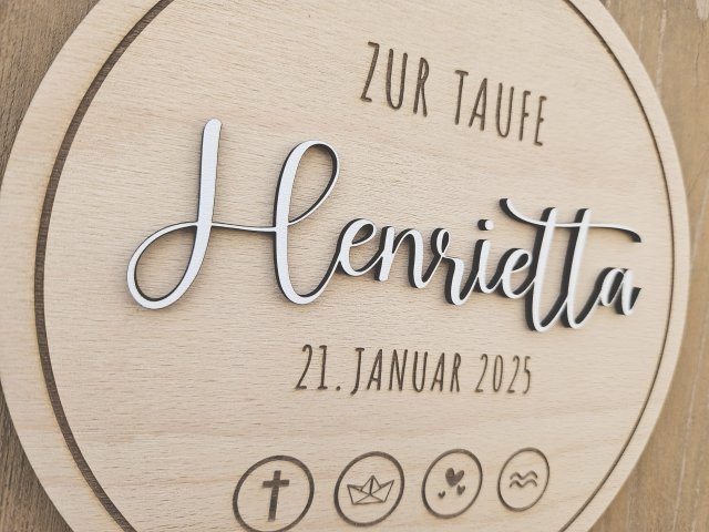Holzschild "Taufe / Kommunion / Konfirmation 2" mit individueller Gravur und 3D Schriftzug