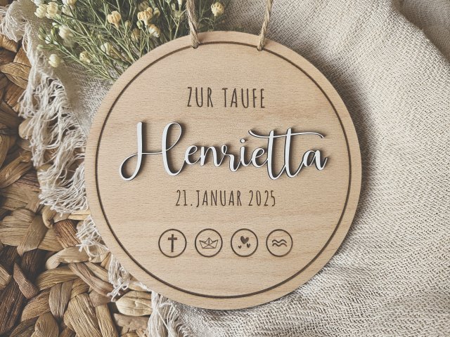 Preview: Holzschild "Taufe / Kommunion / Konfirmation 2" mit individueller Gravur und 3D Schriftzug