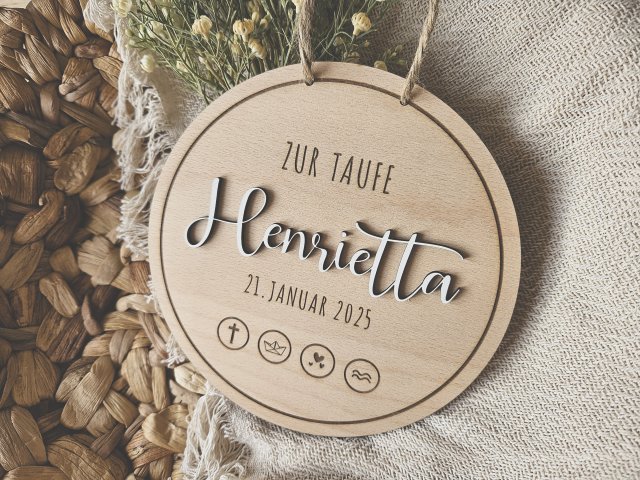 Preview: Holzschild "Taufe / Kommunion / Konfirmation 2" mit individueller Gravur und 3D Schriftzug