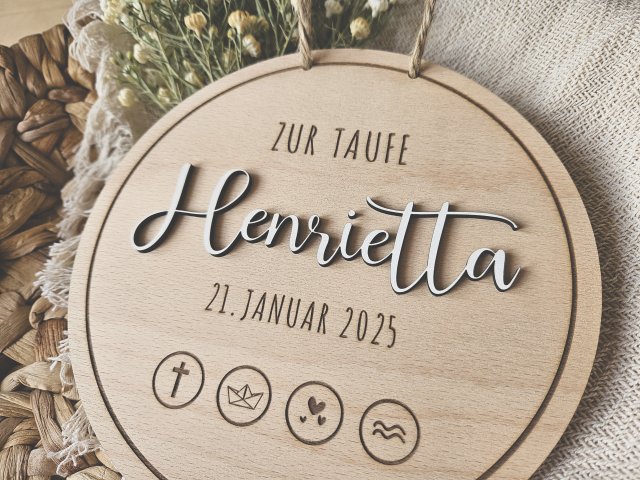 Preview: Holzschild "Taufe / Kommunion / Konfirmation 2" mit individueller Gravur und 3D Schriftzug