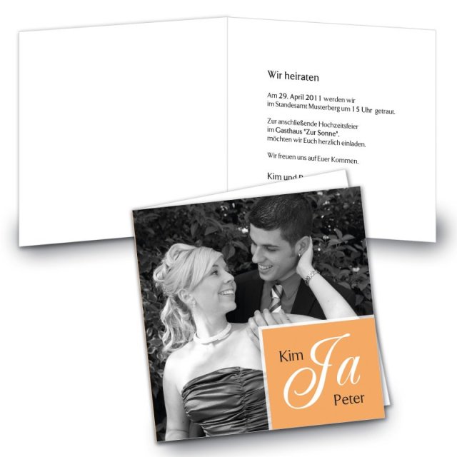 Klappkarte Hochzeit Einladungskarte quadratisch 125 mm + 210 mm Kim & Peter